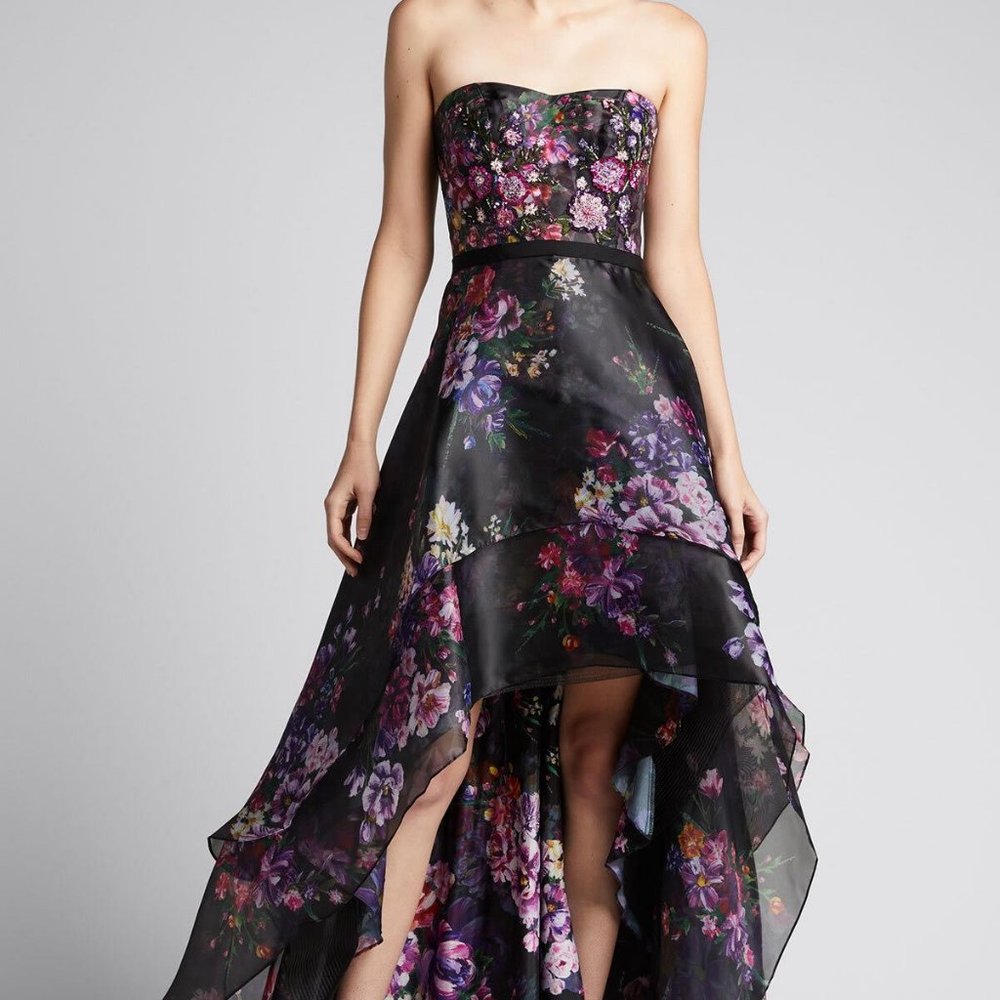 Marchesa Notte Black/multicolour sequin-embellished floral-print gown,  Size 14